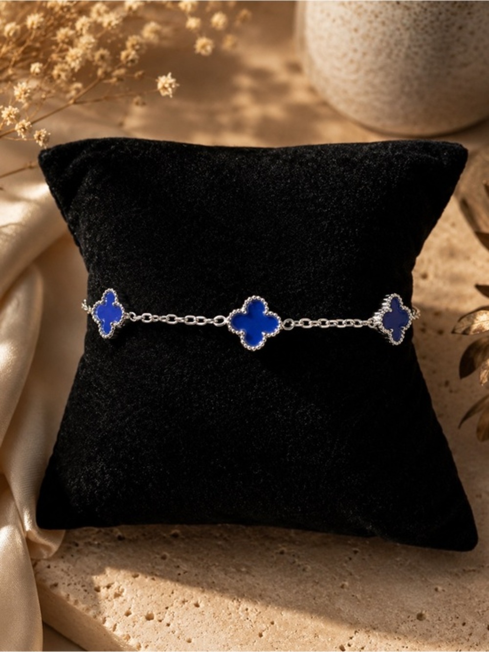 Petite Navy Clover Silvertone Bracelet Adjustable Layering Stack 6.5"-8.5" #611